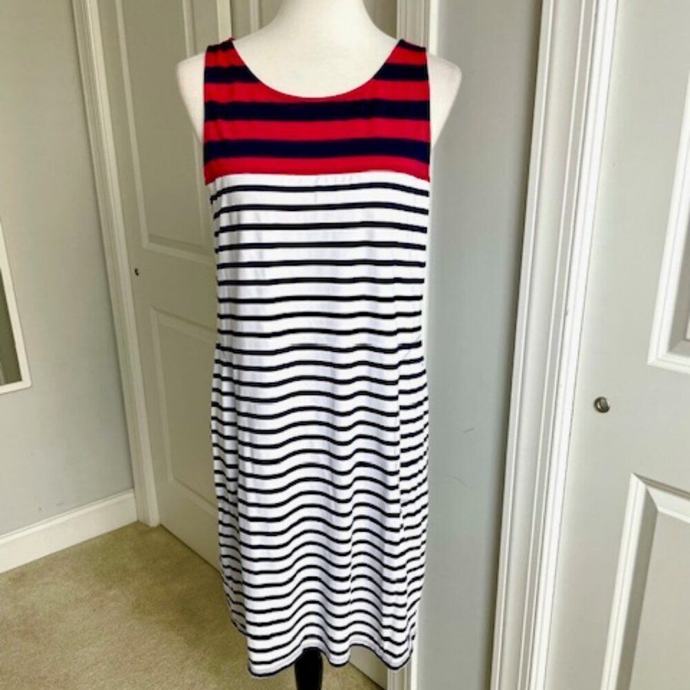 Tommy Bahama Red White Blue Stripe Stretchy Sleeveless Dress with Pockets Large